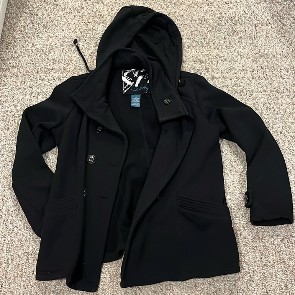 Women’s button up black jacket with hood size large
